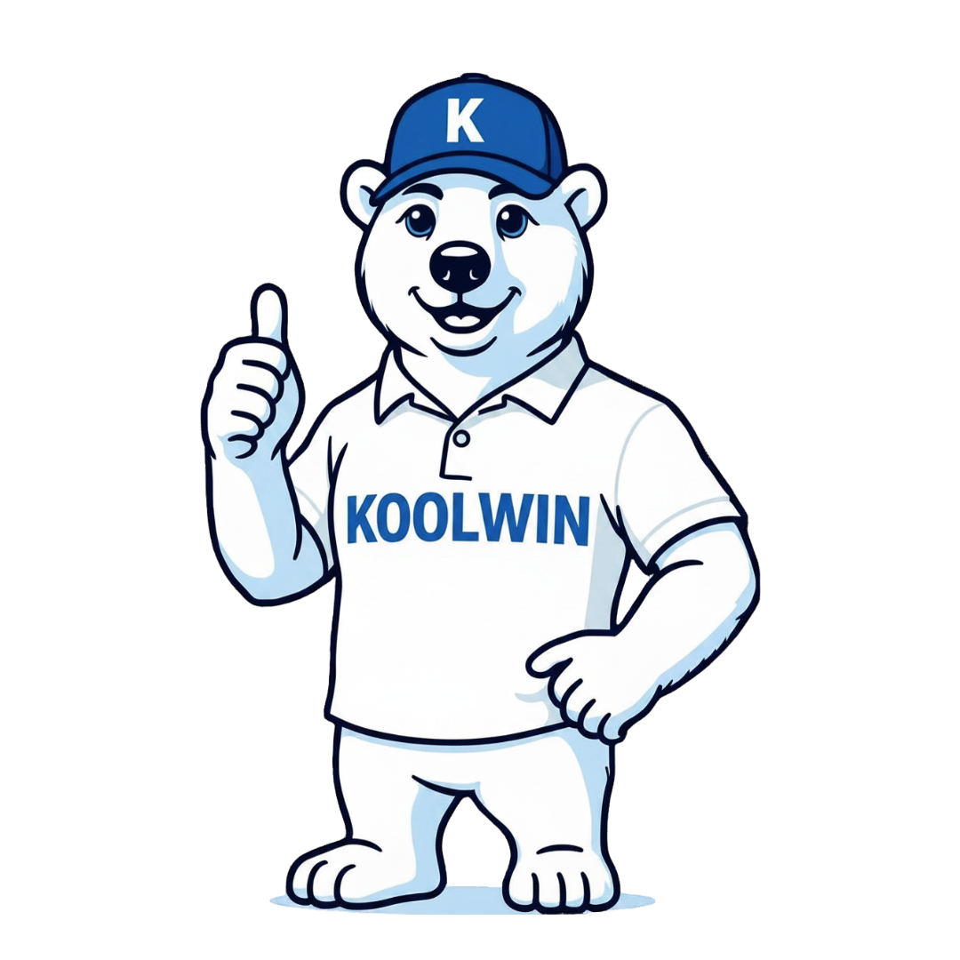 Koolwin — the Gladstone.Direct mascot, a cartoon polar bear in a K cap and KOOLWIN polo shirt, giving a thumbs up.